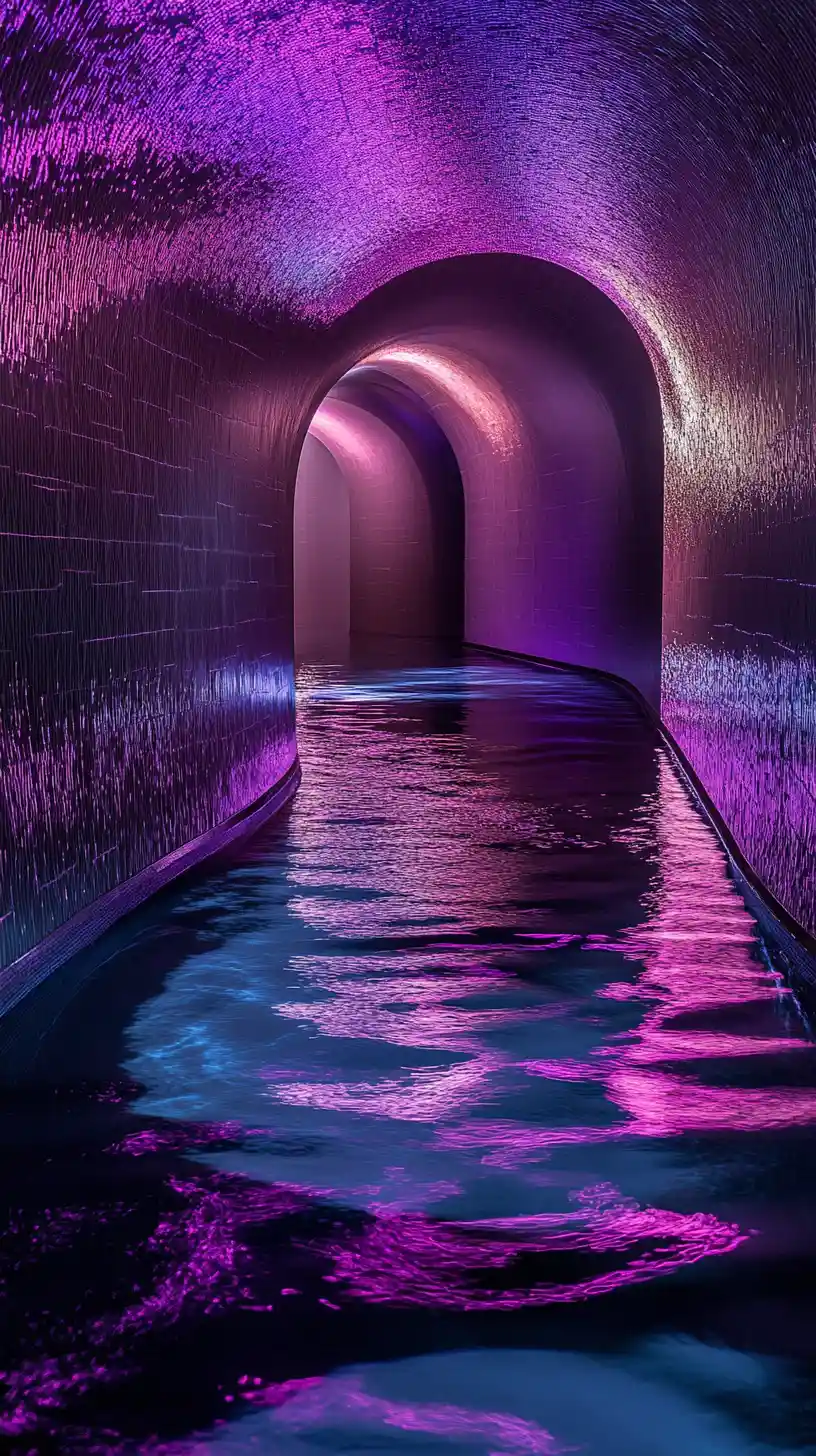 Interno futuristico di capsula sonora con onde di luce nera luminose