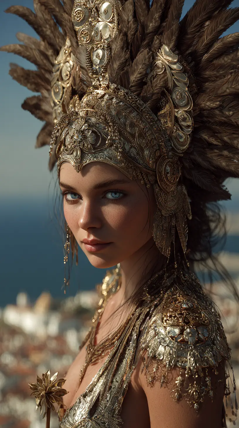Woman in traditional headdress by a Mediterranean coastline