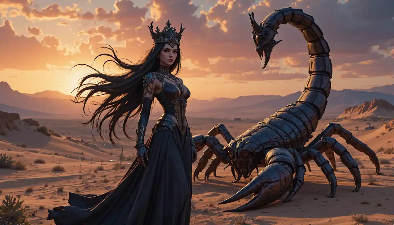 Regina fantasy accanto a scorpione gigante al tramonto nel deserto