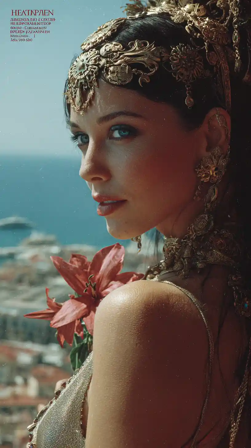 Donna cartaginese di profilo con fiore in riva al mare