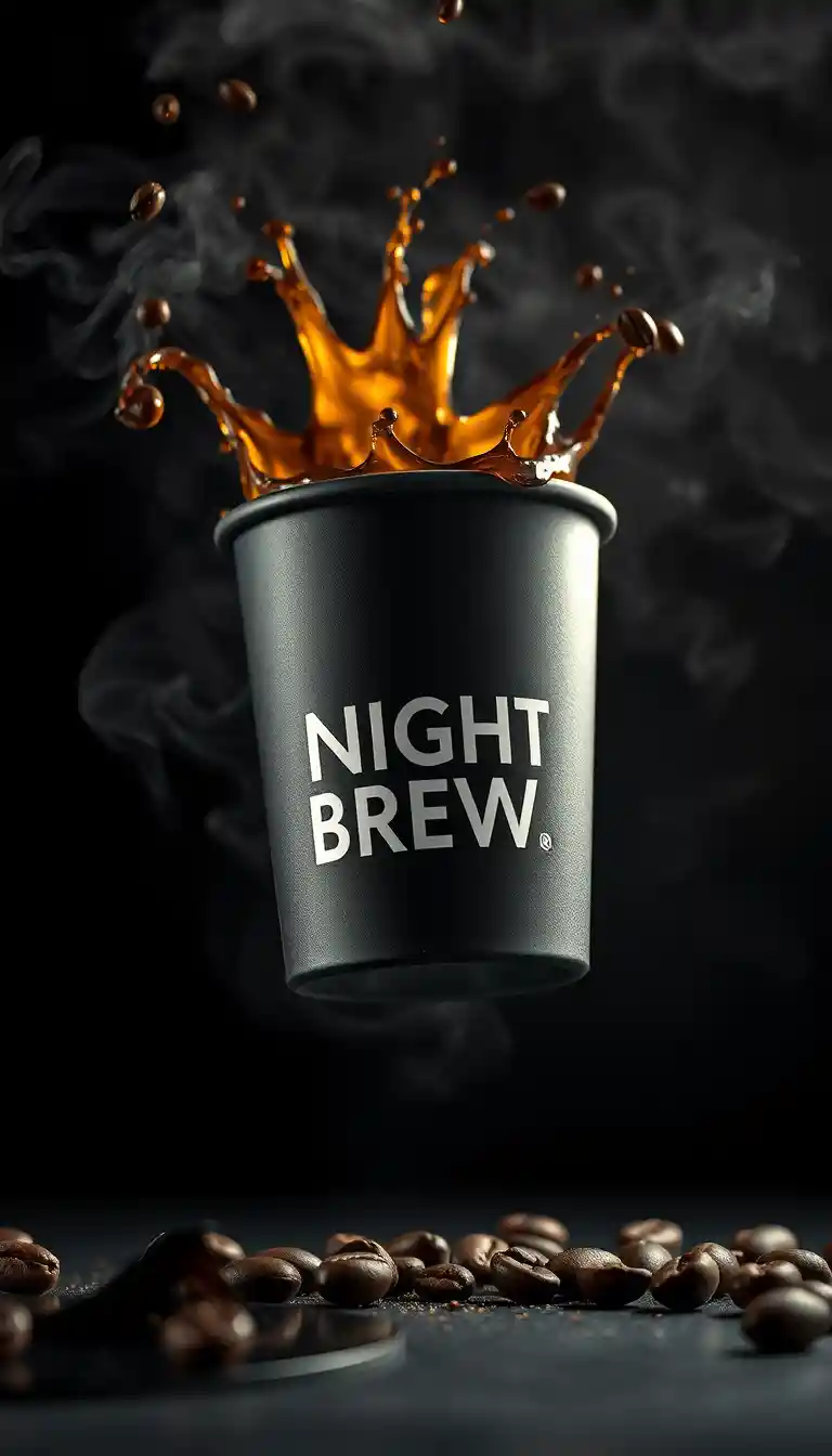 Schwebende schwarze Kaffeetasse mit dramatischer Splash-Bewegung