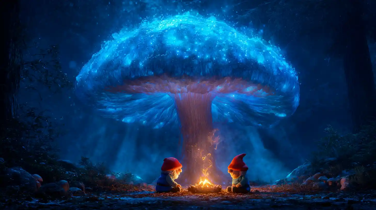 Gigante cogumelo luminoso sobre gnomos na floresta encantada