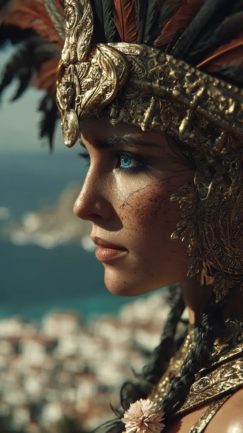 Beautiful woman in Carthaginian headdress by the Mediterranean