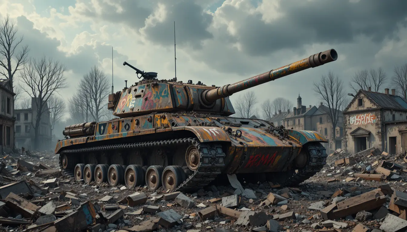 Rusted military tank in devastated urban war ruins