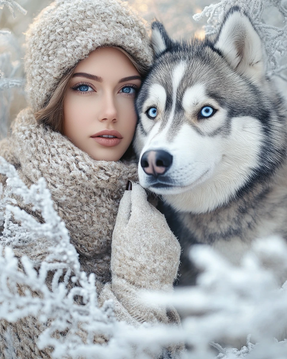 Mujer elegante paseando a su husky en una fría mañana de invierno