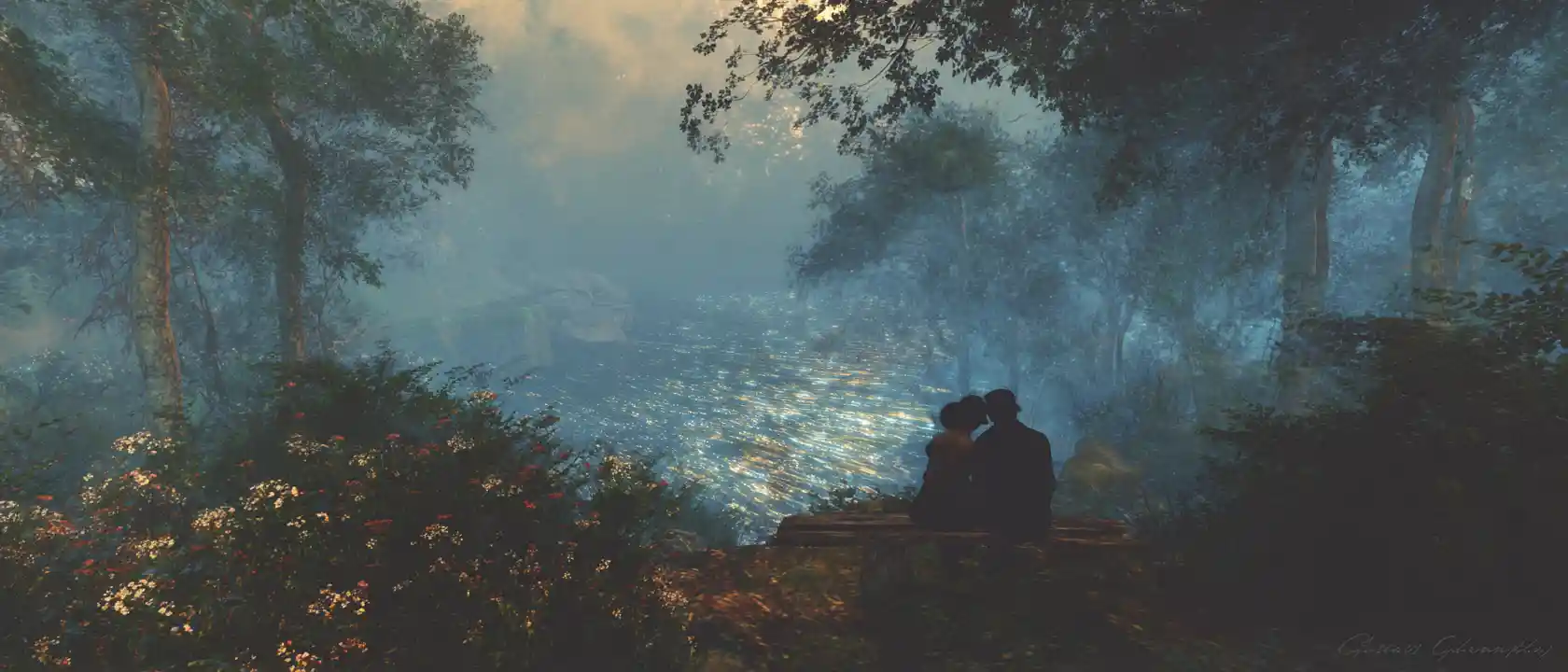 Surreal broken heart over healing forest and sea