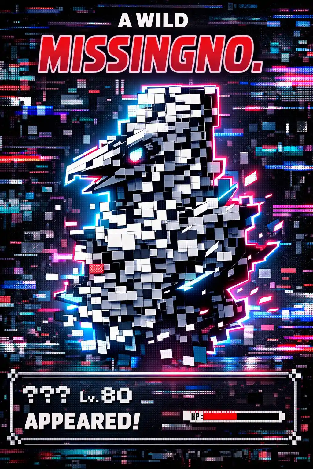 Criatura de pixels com glitch em uma matriz digital corrompida