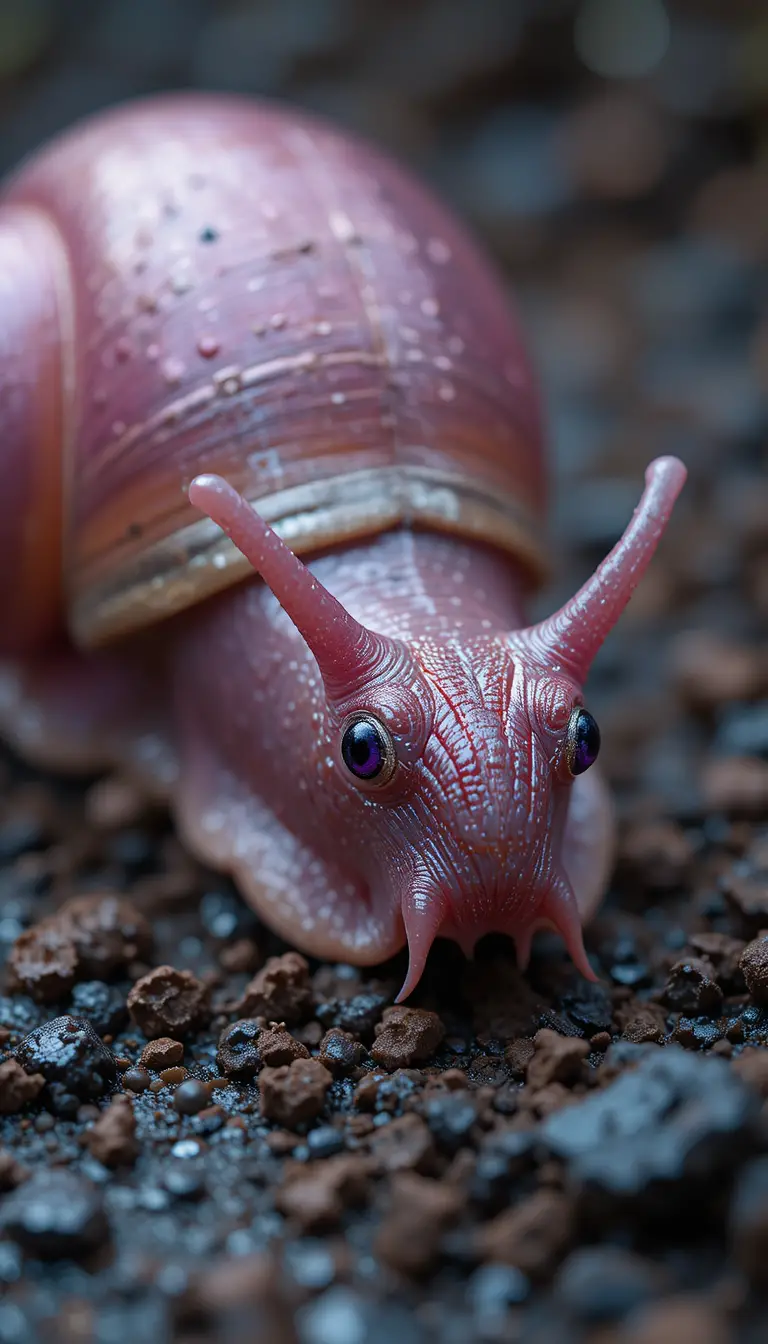 Metallisch rosa Schnecke mit großen violetten Augen auf nassem Kies