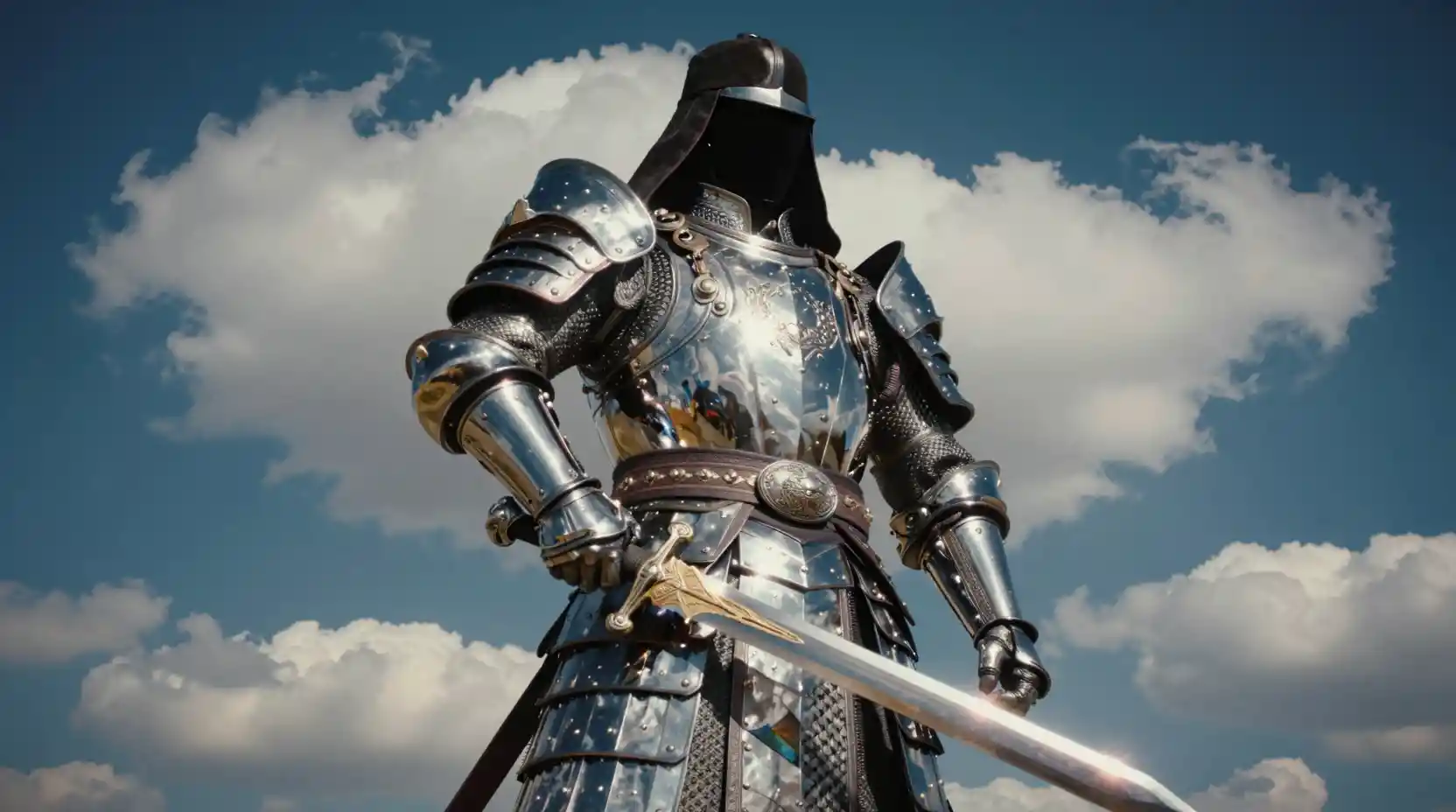 Chrome armored Mongolian warrior under dramatic cloudy sky