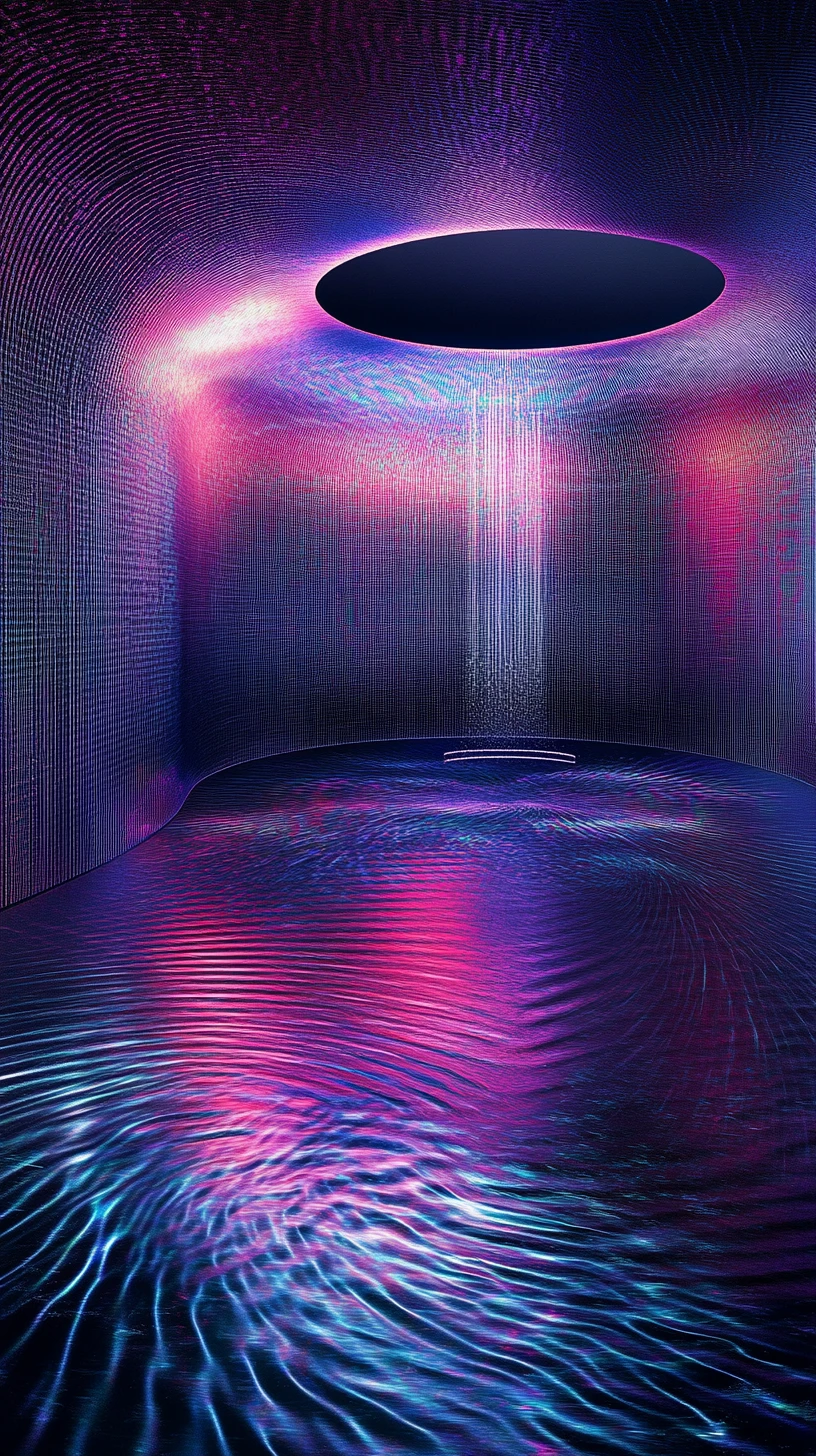 Interno futuristico di capsula rotonda con onde sonore luminose