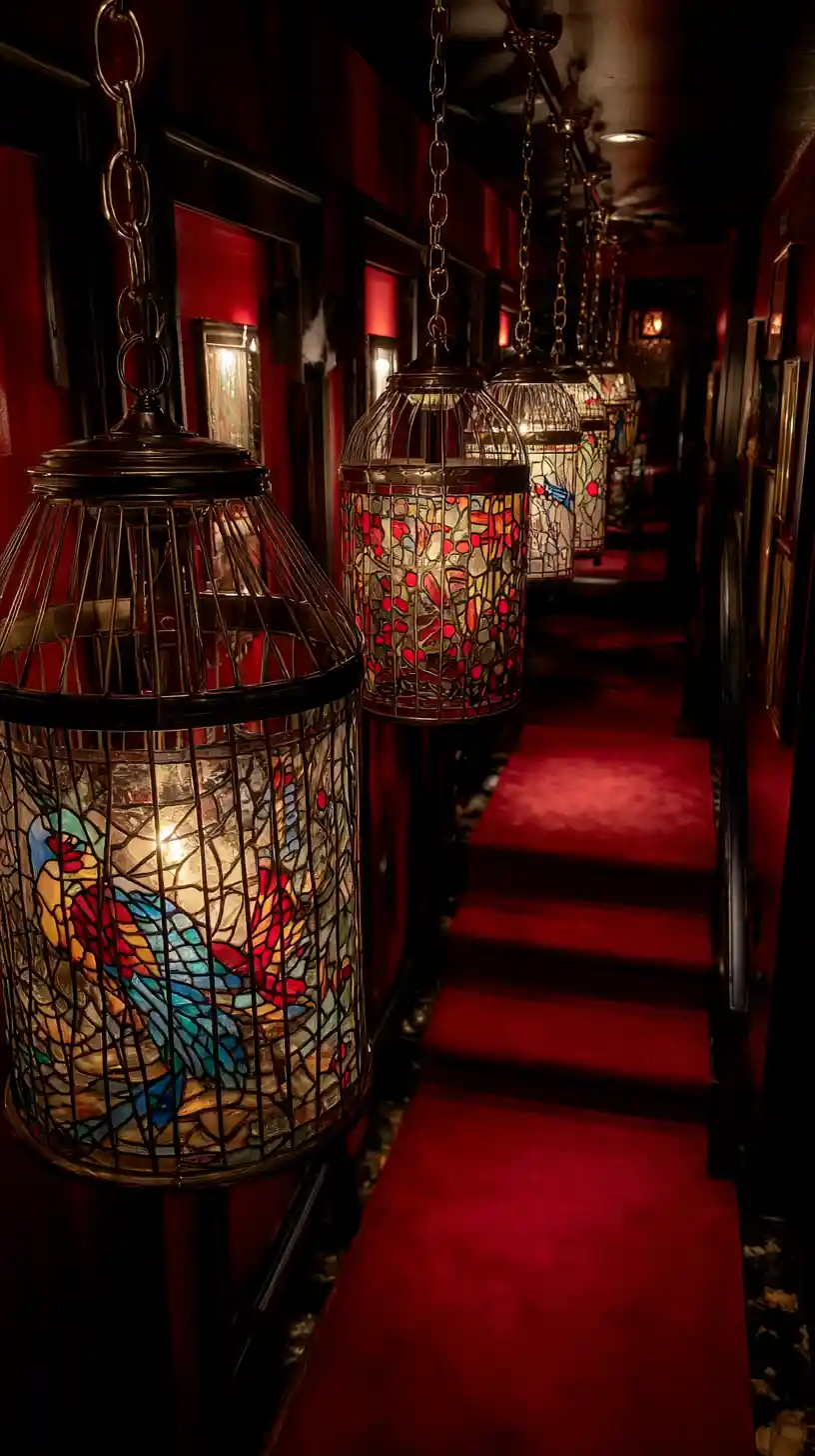 Fantastische Bleiglaslampen über einer roten Katakombentreppe