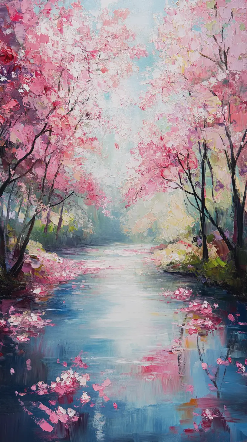 Peinture impressionniste d’un ruisseau aux cerisiers en fleurs