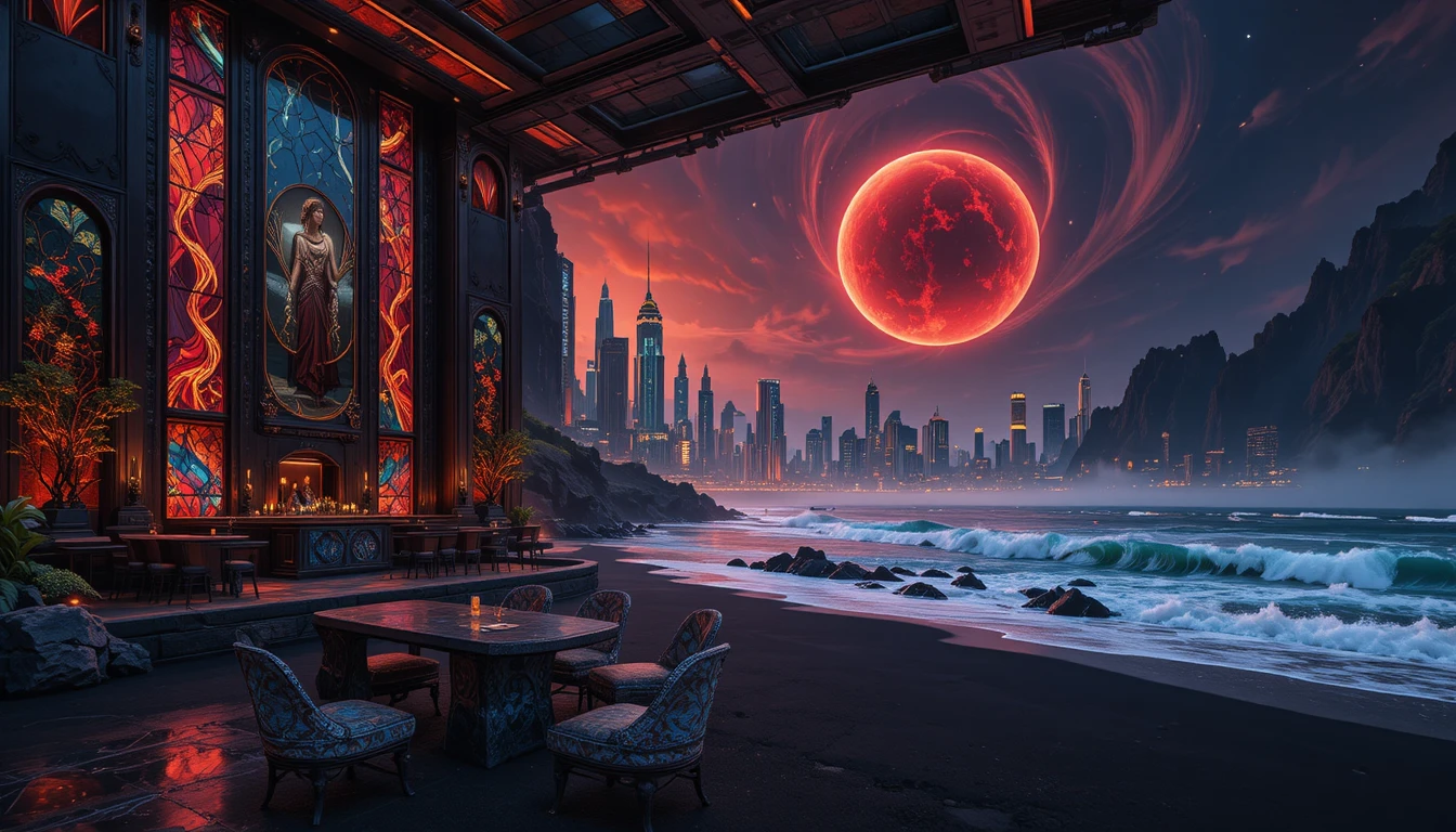 Futuristische Industrial-Lounge mit edler, cineastischer Dämmerlicht-Beleuchtung