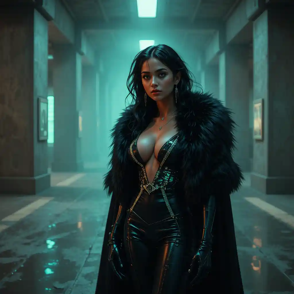 Cyberpunk femme fatale in empty brutalist underground station