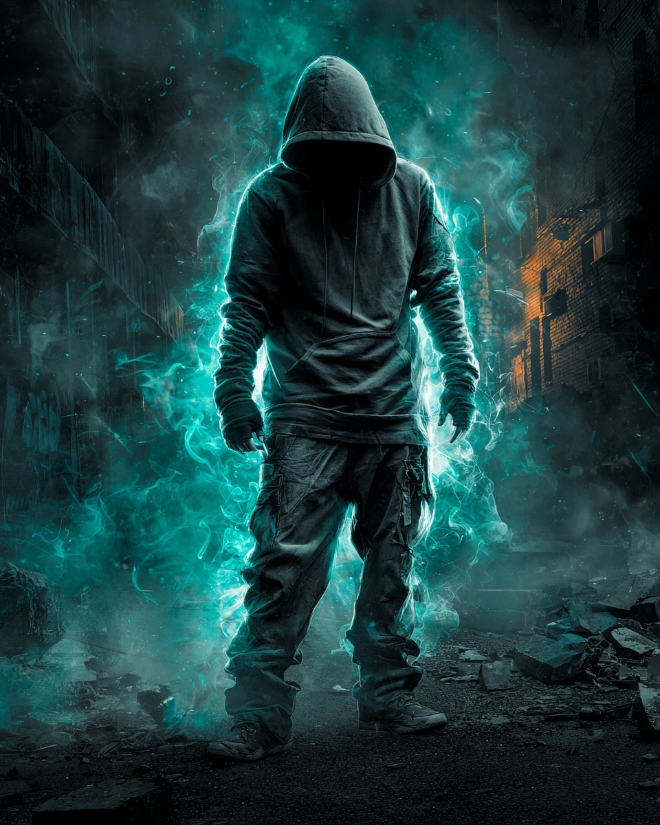 Figura encapuchada solitaria en una oscura calle urbana iluminada por neón