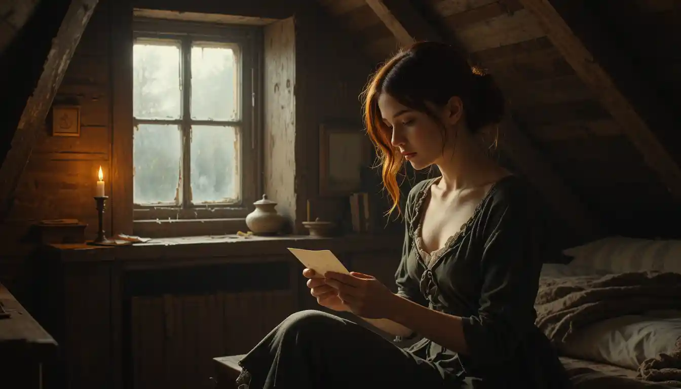 Young woman folding a love letter by candlelight