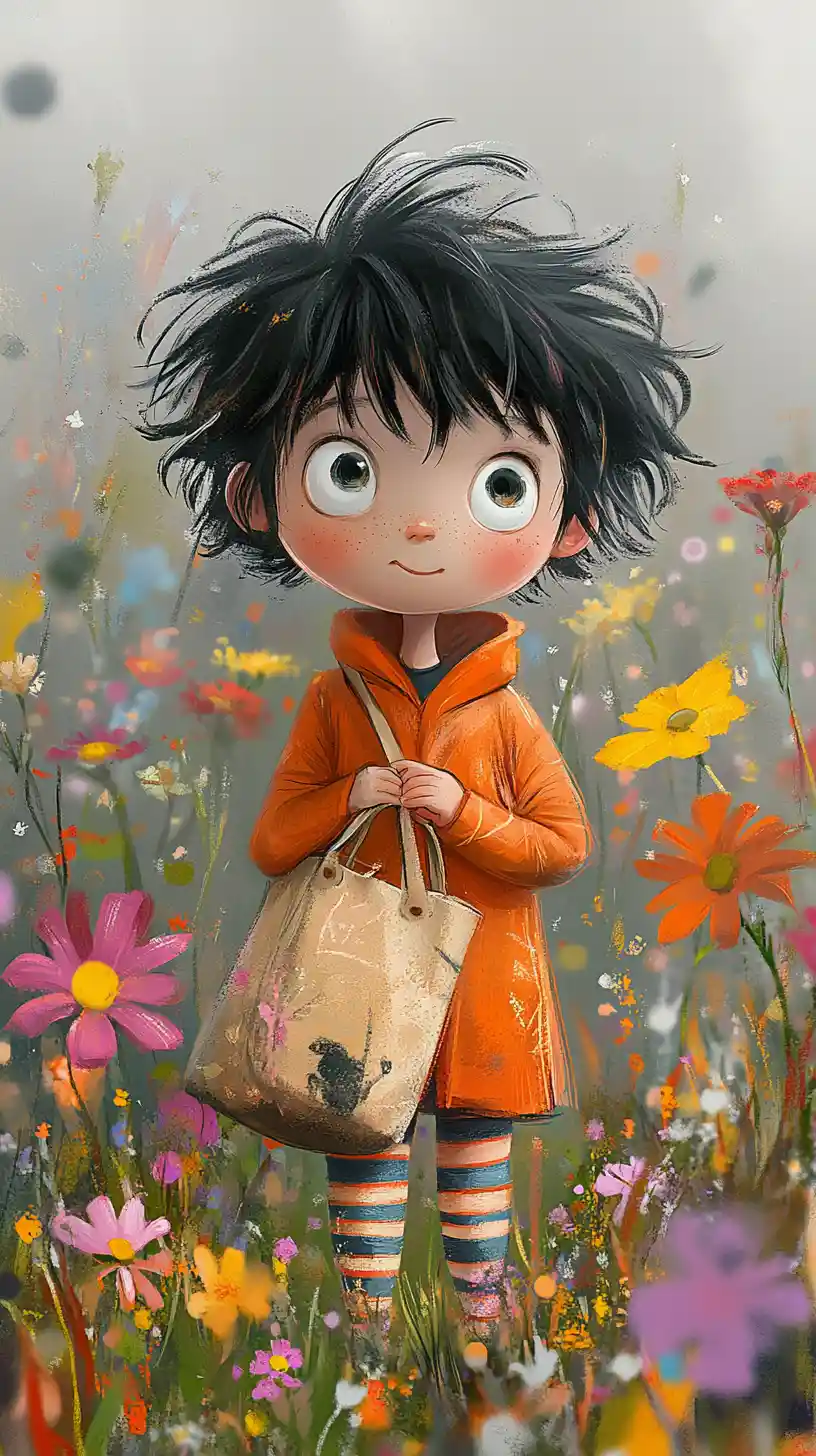 Ragazzo con cappotto arancione tra i fiori di primavera