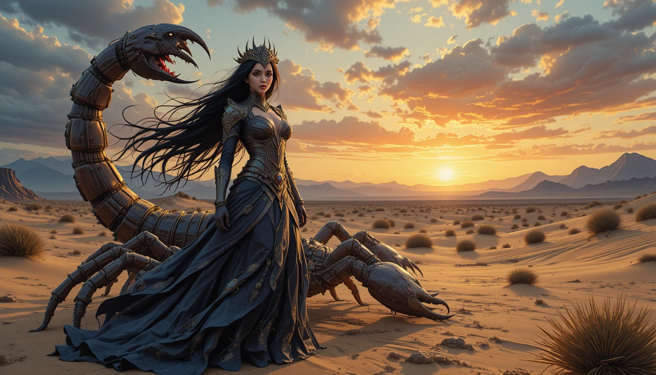 Regina fantasy accanto a uno scorpione gigante al tramonto nel deserto