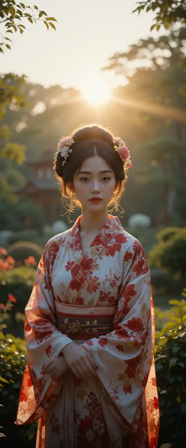 Elegant Japanese woman in kimono in a tranquil garden
