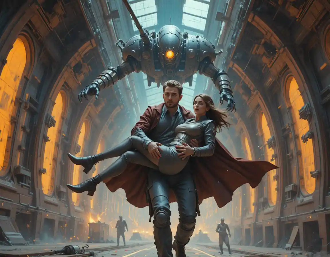 Sci fi couple fleeing a steampunk robot in flames