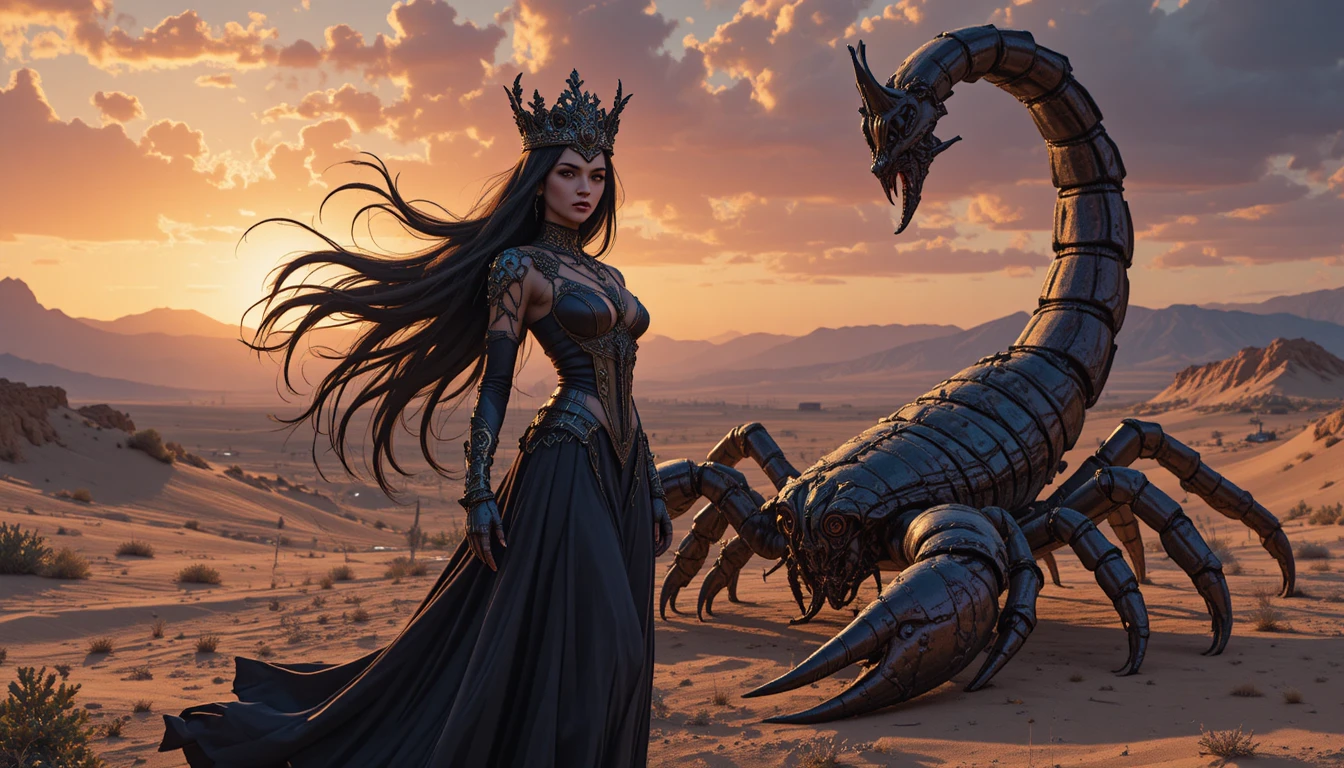 Regina fantasy accanto a scorpione gigante al tramonto nel deserto