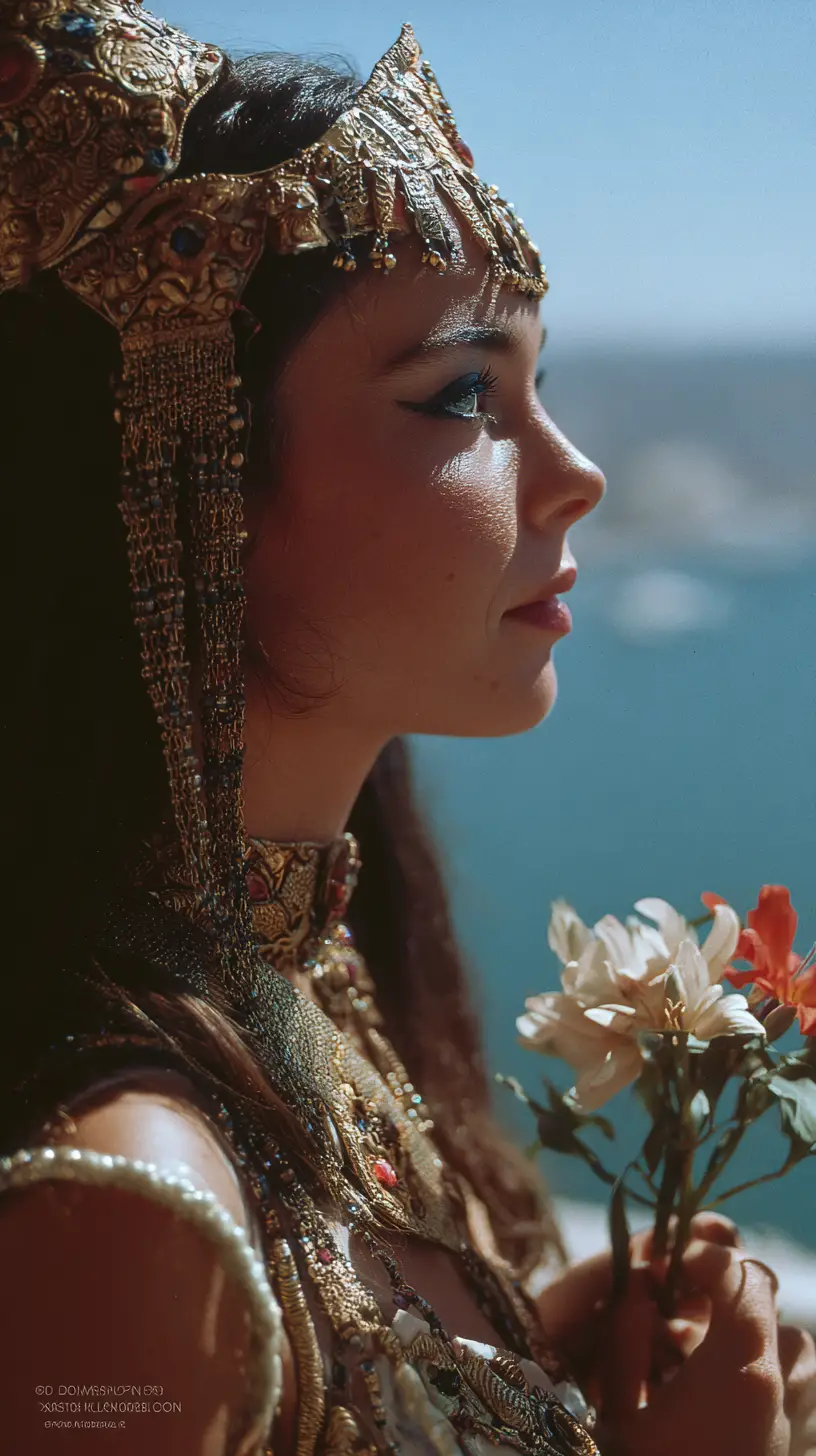 Side profile of woman in Carthaginian headdress by the sea