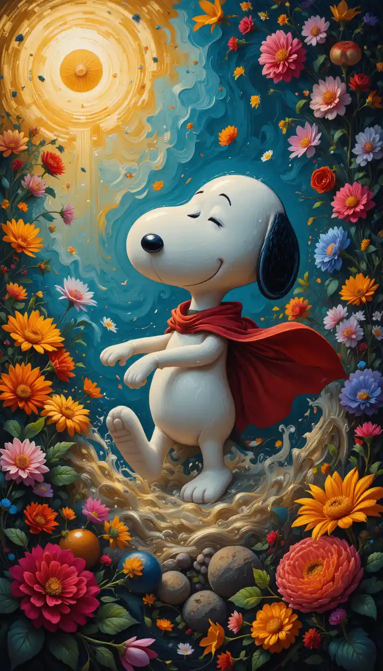 Cartoon dog in cape amid swirling floral oil painting