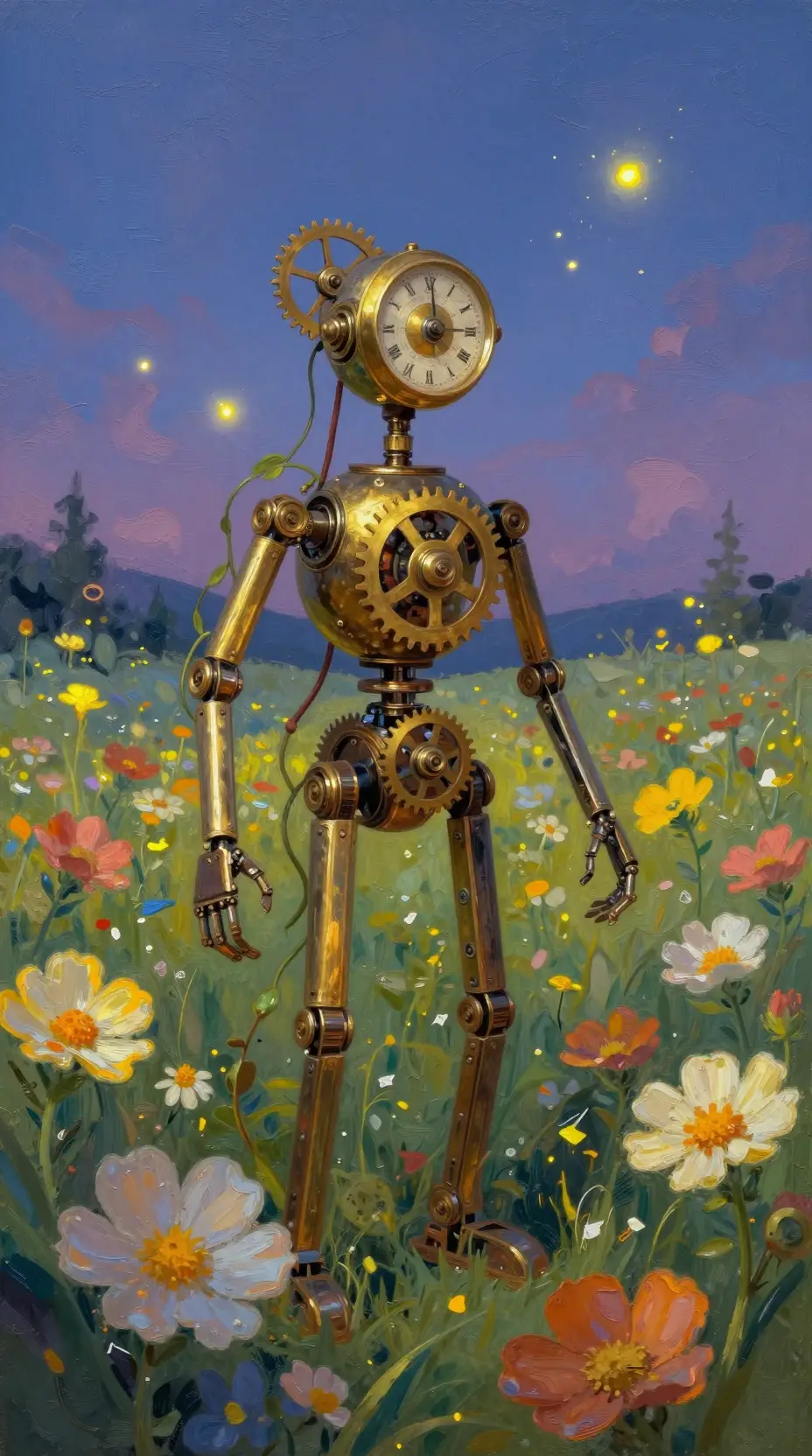 Clockwork automaton among glowing wildflowers at twilight