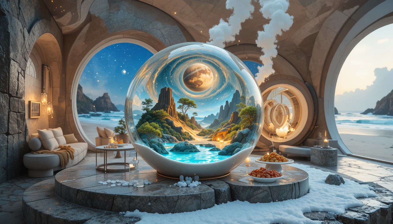 Maison futuriste en bord de mer avec jardin lumineux et vagues de l’océan