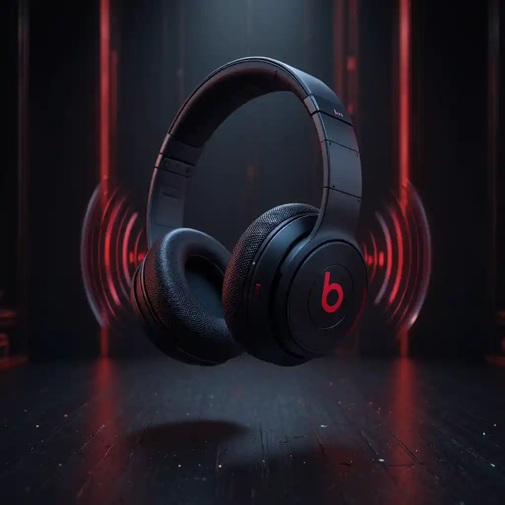 Auriculares negros 3D flotando con ondas sonoras radiantes