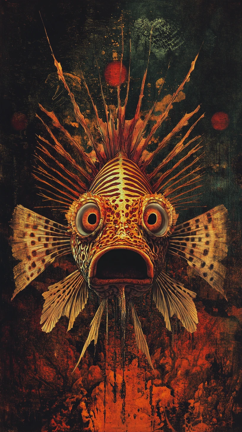 Peixe-leão surreal emergindo de um abismo escuro e retorcido