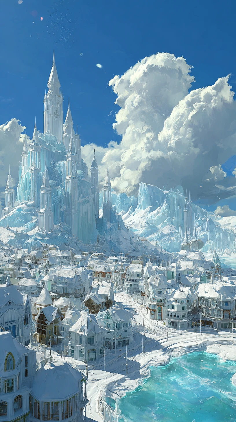Cidade suburbana fantástica feita de neve e gelo puros