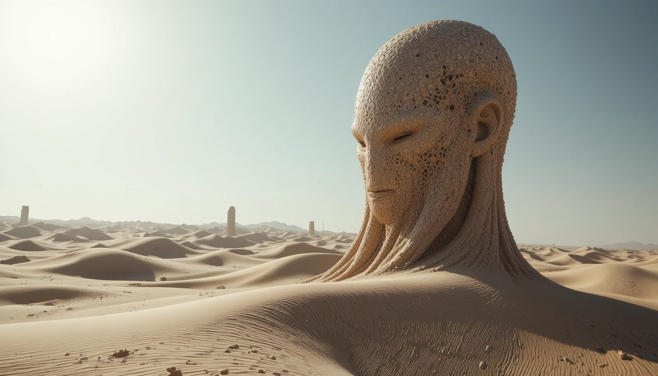 Sculpture abstraite se dressant sur des dunes de désert lisses