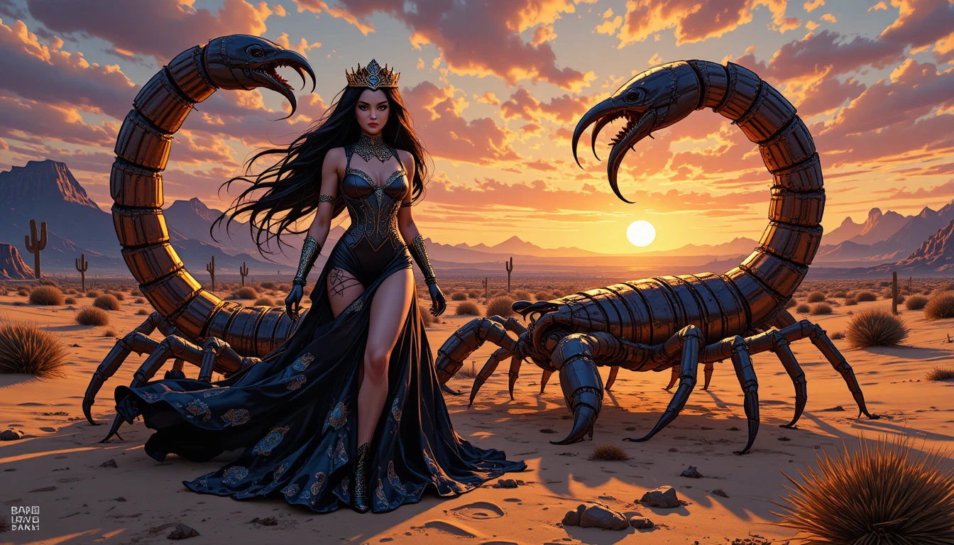 Fantasy queen beside giant scorpion in desert sunset