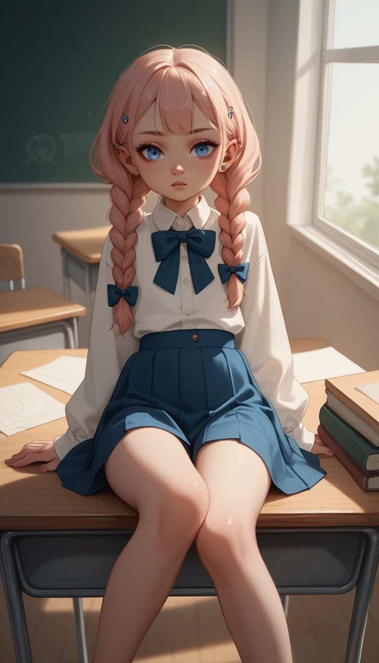 紮著辮子坐在課桌上的年輕女孩