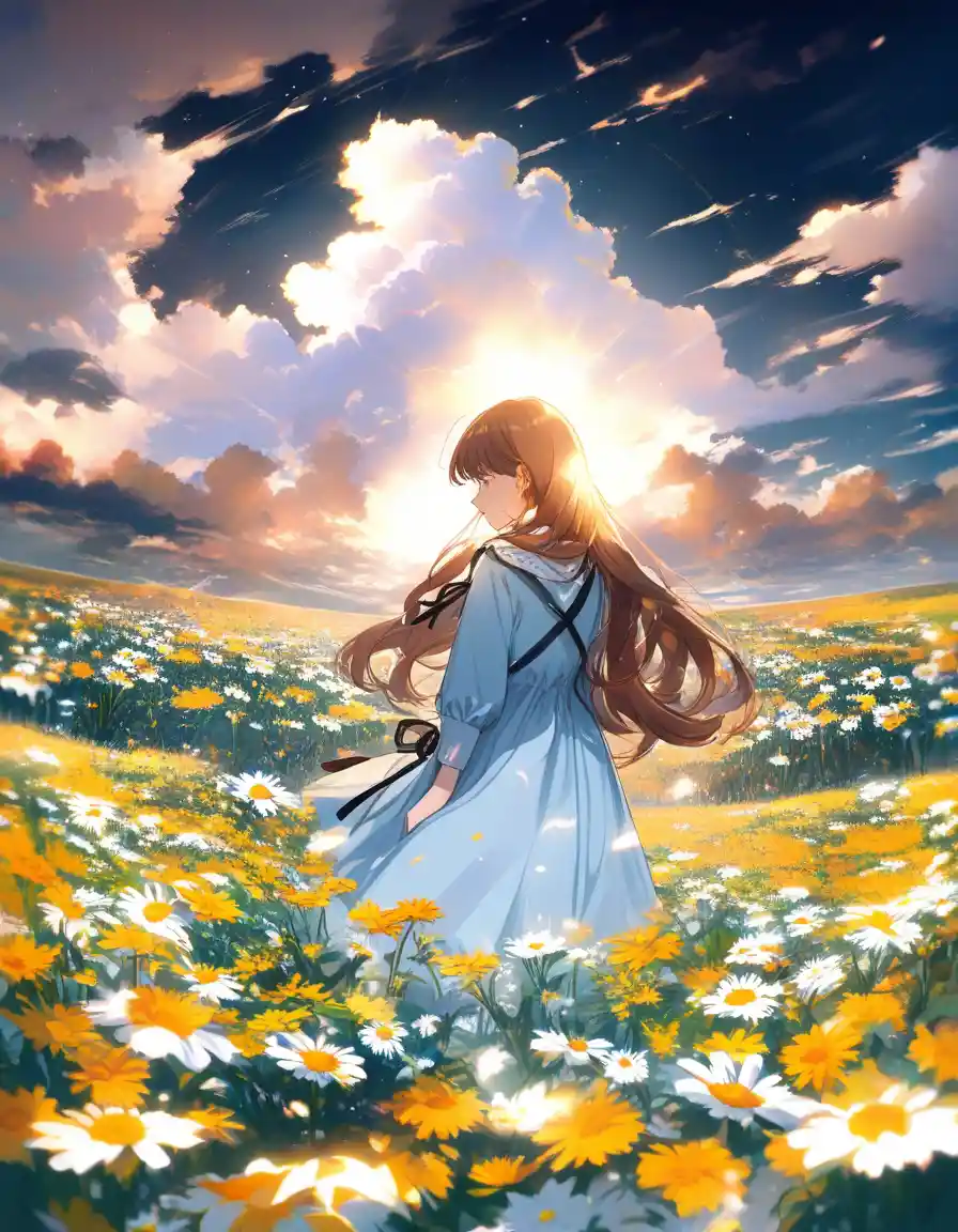 Girl in blue dress among daisies under bright sunlight