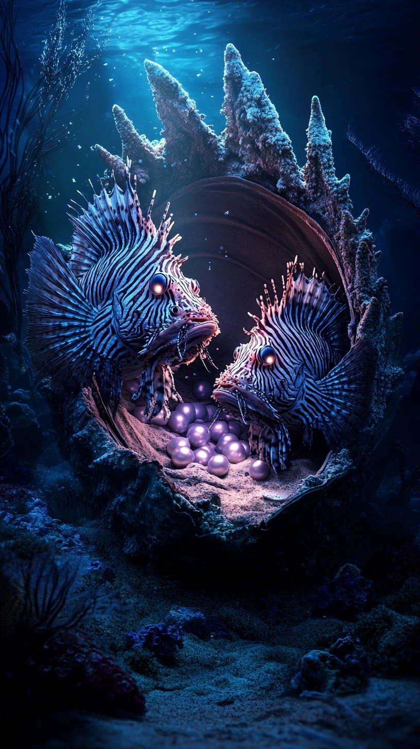 Peixes-leão Sombrio em um Trono de Ameijoa Gótica Brilhante Subaquático