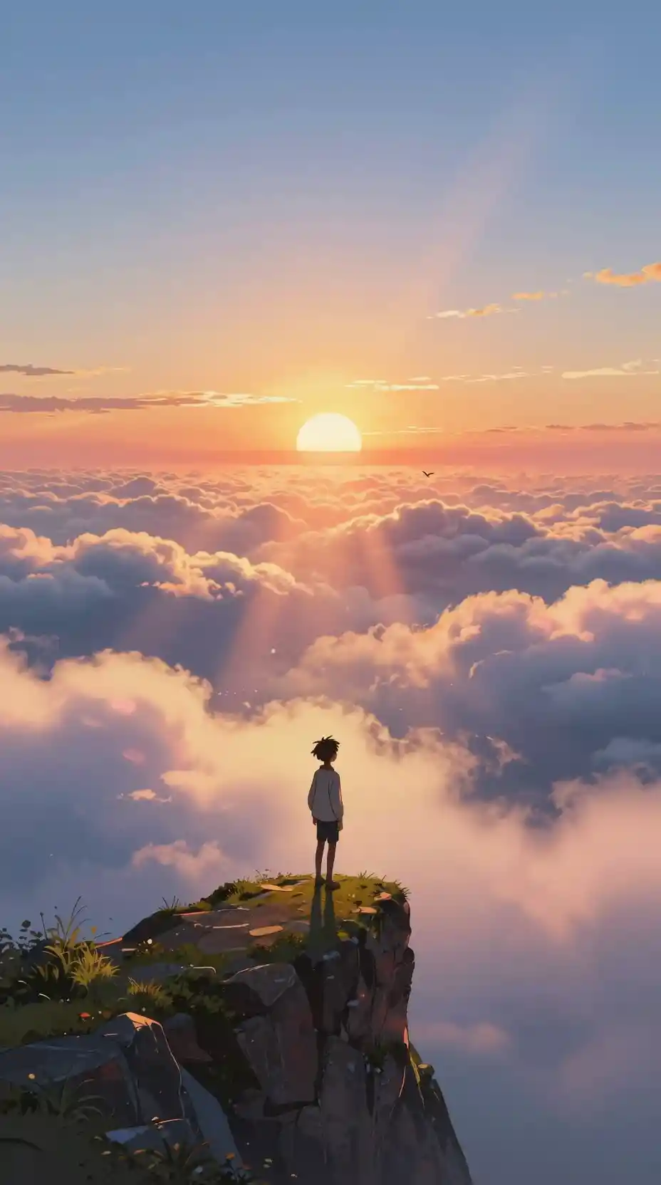 Garçon d’anime sur une falaise à l’aube au-dessus de nuages lumineux