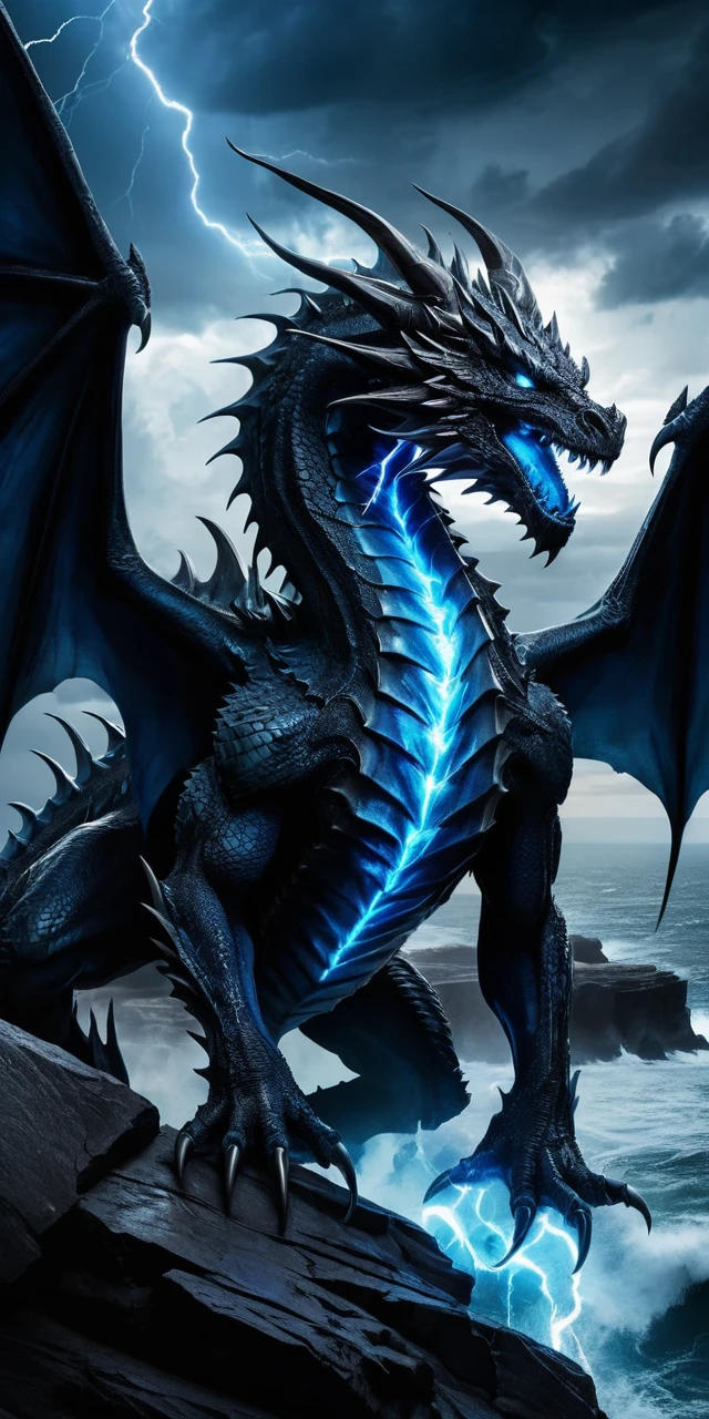 Schwarzer höllischer Drache über stürmischer Meeresklippe