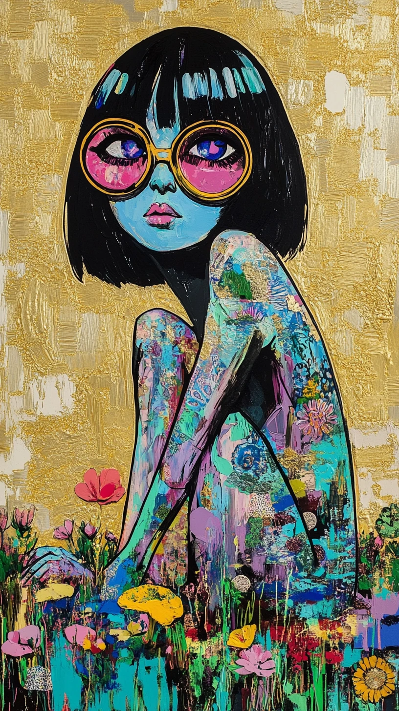 Mulher pop art com óculos em cena abstrata de jardim em tons pastéis
