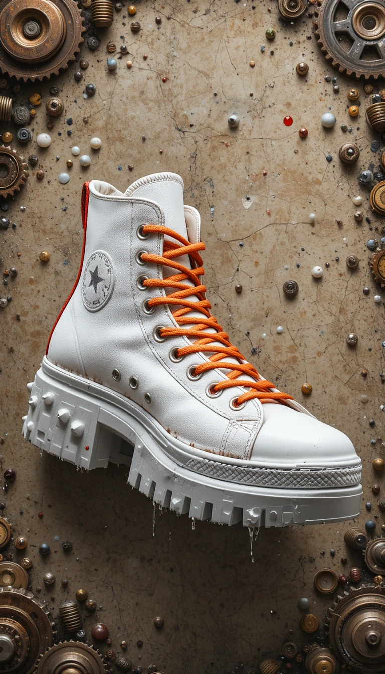 Sneaker alta con schizzi di colore e suola platform meccanica