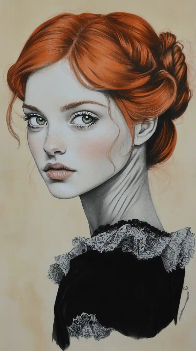 Renaissance portrait of a red haired girl in striped top