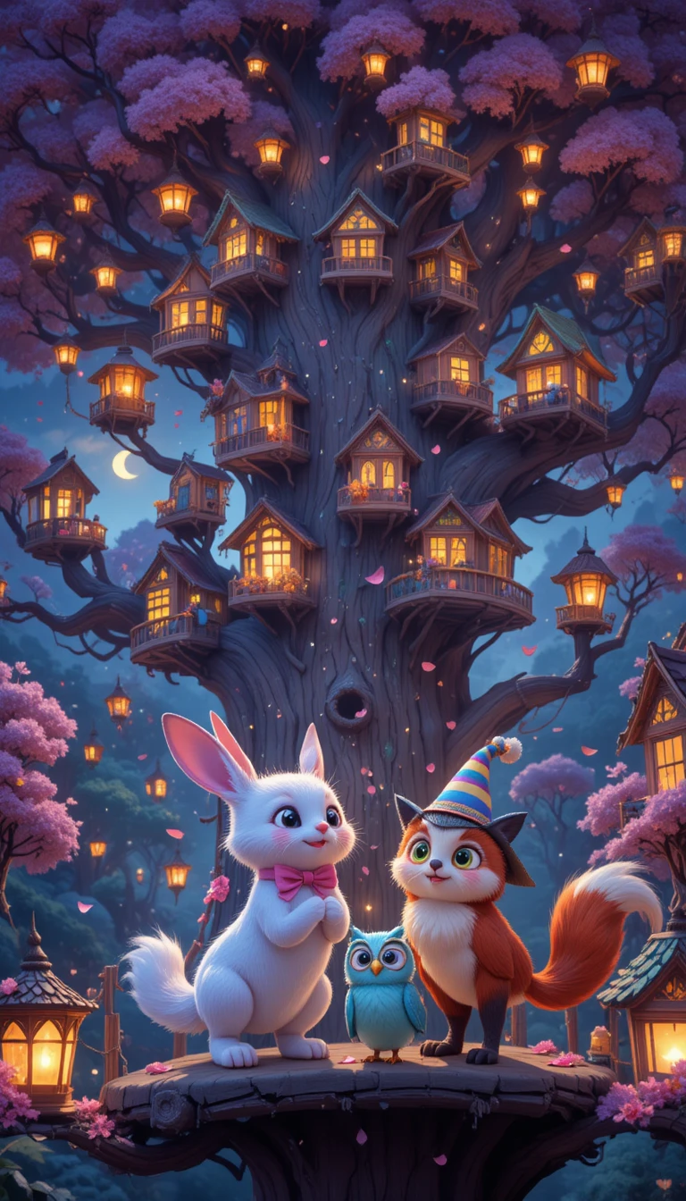 Village d’Arbres Enchanté de Nuit avec Trois Adorables Amis