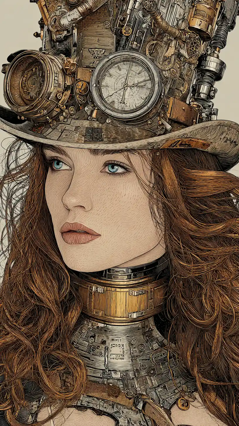 Mujer steampunk con cuerpo mecánico y sombrero de copa ornamentado