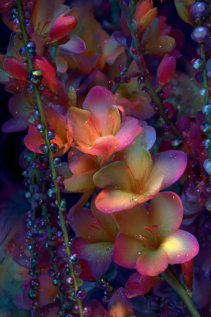 Surreale Fantasieblumen in einer juwelenbesetzten Traumlandschaft