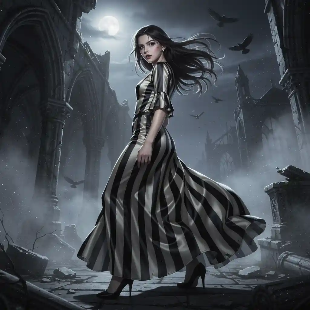 Young woman in striped dress under gothic moonlit arches