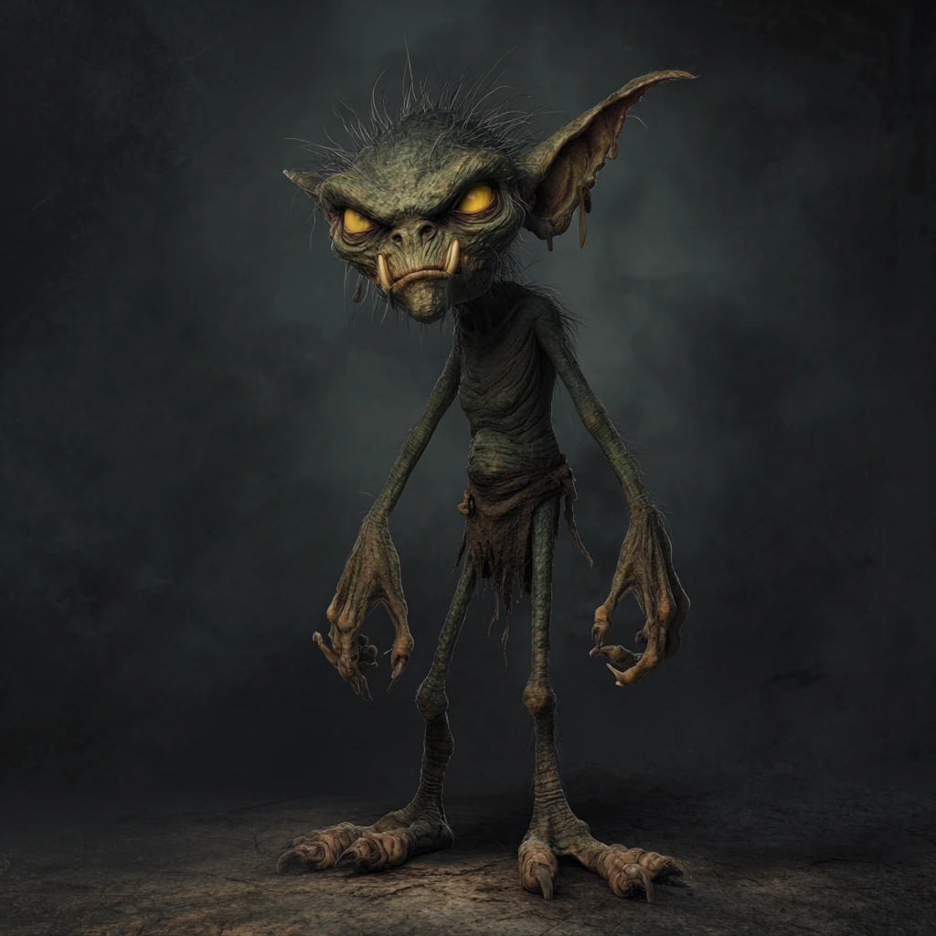 Goblin grotesco da floresta com membros retorcidos em bosques sombrios
