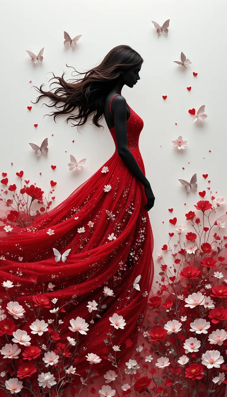 Chica onírica con vestido rojo entre corazones y mariposas