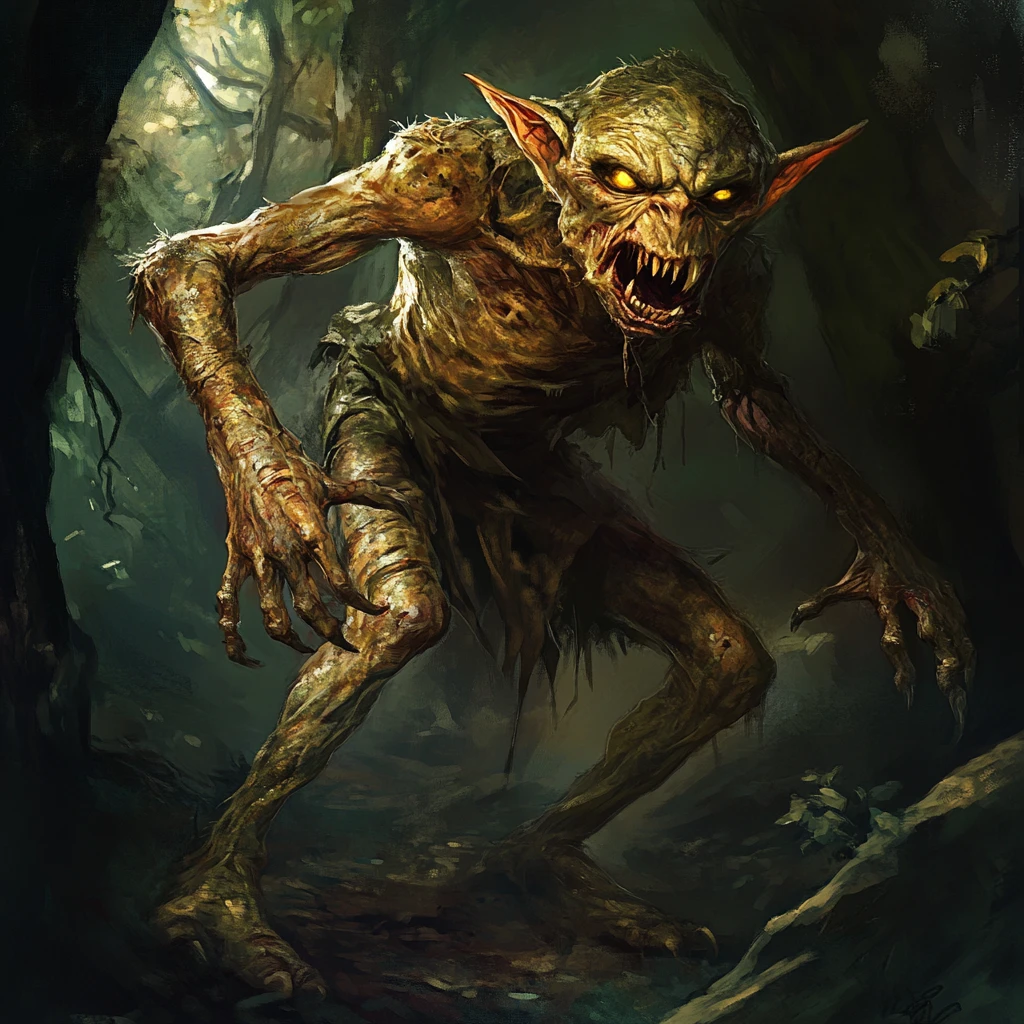 Goblin grotesco da floresta com corpo retorcido e garras