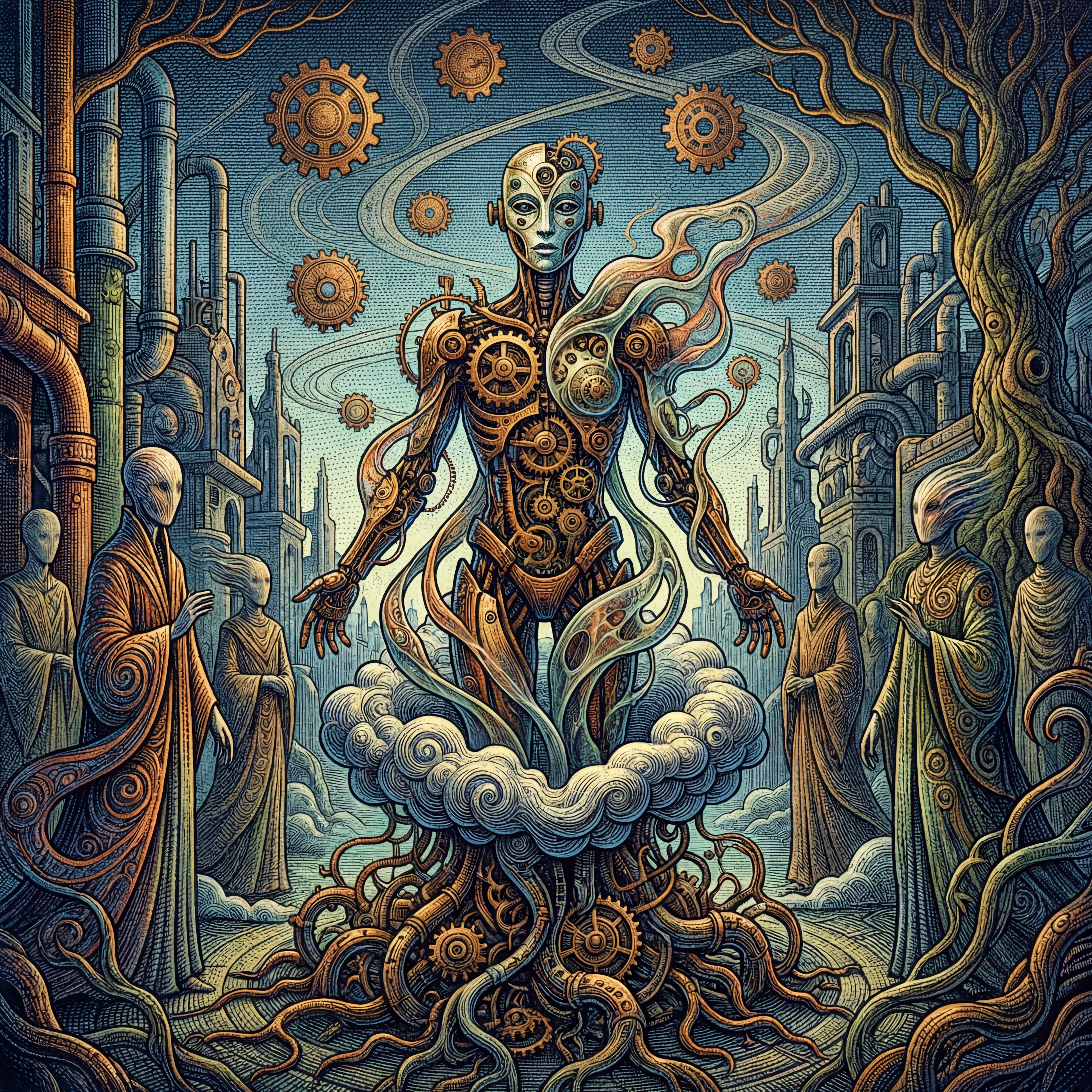Ciborgue surreal erguendo-se entre seres alongados de outro mundo